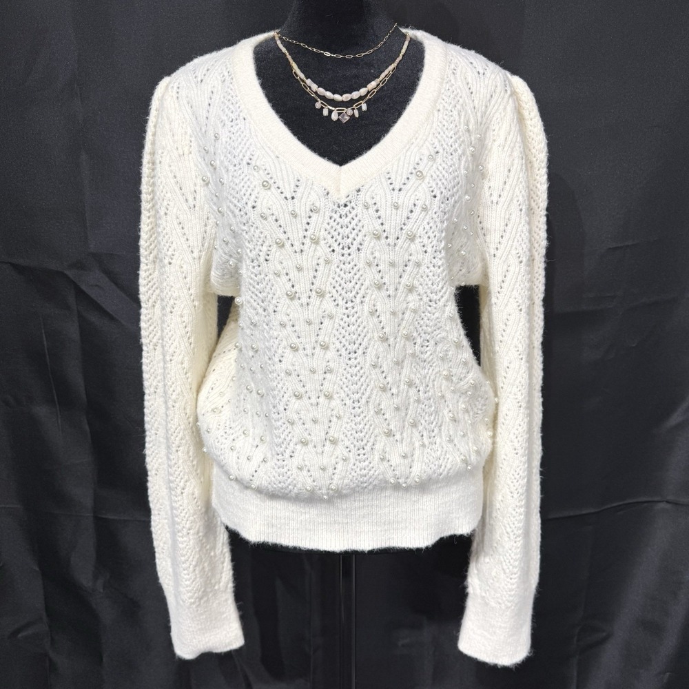 Nanette‎ Lepore Cream Pearl Embellished V-Neck Pointelle Puff Sleeve Sweater L